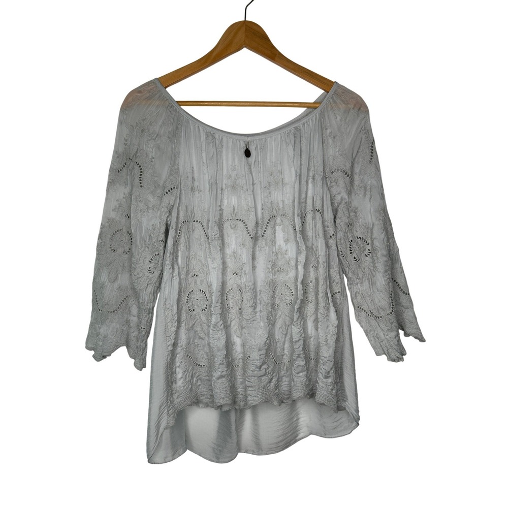 Tempo Paris 100% Silk Embroidered Eyelet Blouse XL Made In Italy Peasant Top EUC